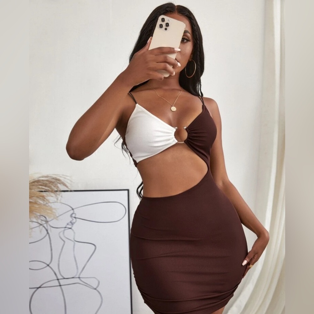 Brown and white cut out dress